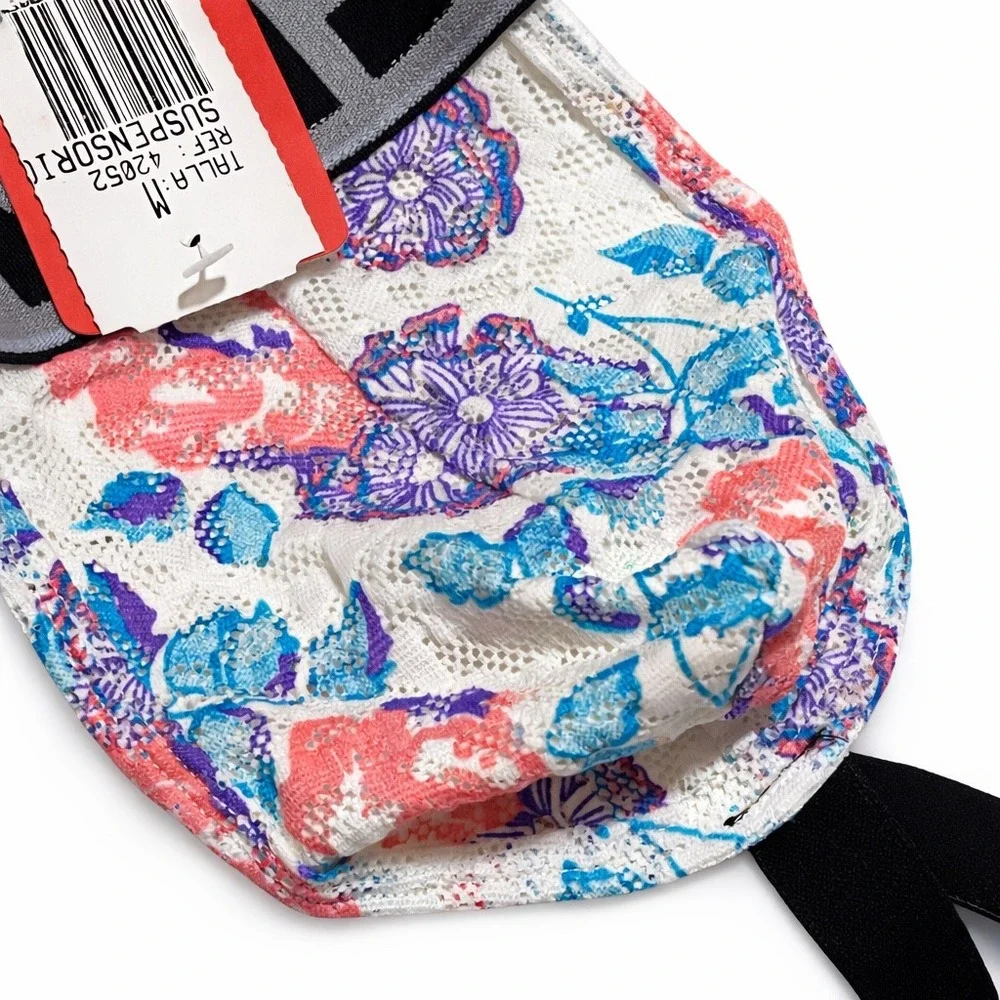 Hawai Medium (30-32) Floral Lace Jockstrap White Blue Pink Logo Waistband New - Picture 5 of 10